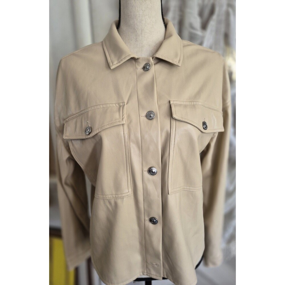 TAHARI Faux Leather Jacket Women Size M Beige Pockets EUC